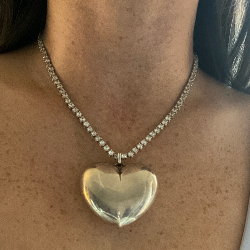 Sterling CZ Tennis Necklace w/ Huge Sterling Heart Pendant - Picture 5 of 17